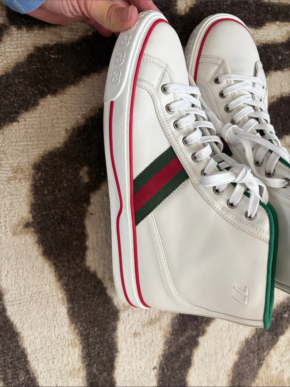 Gucci White High-Top Tennis Sneaker with Green Lining and Red Trim